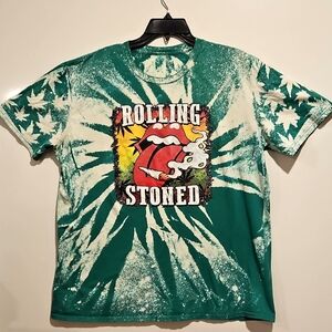 'Rolling Stoned' green and white tie dye cannabis print graphic tee XL